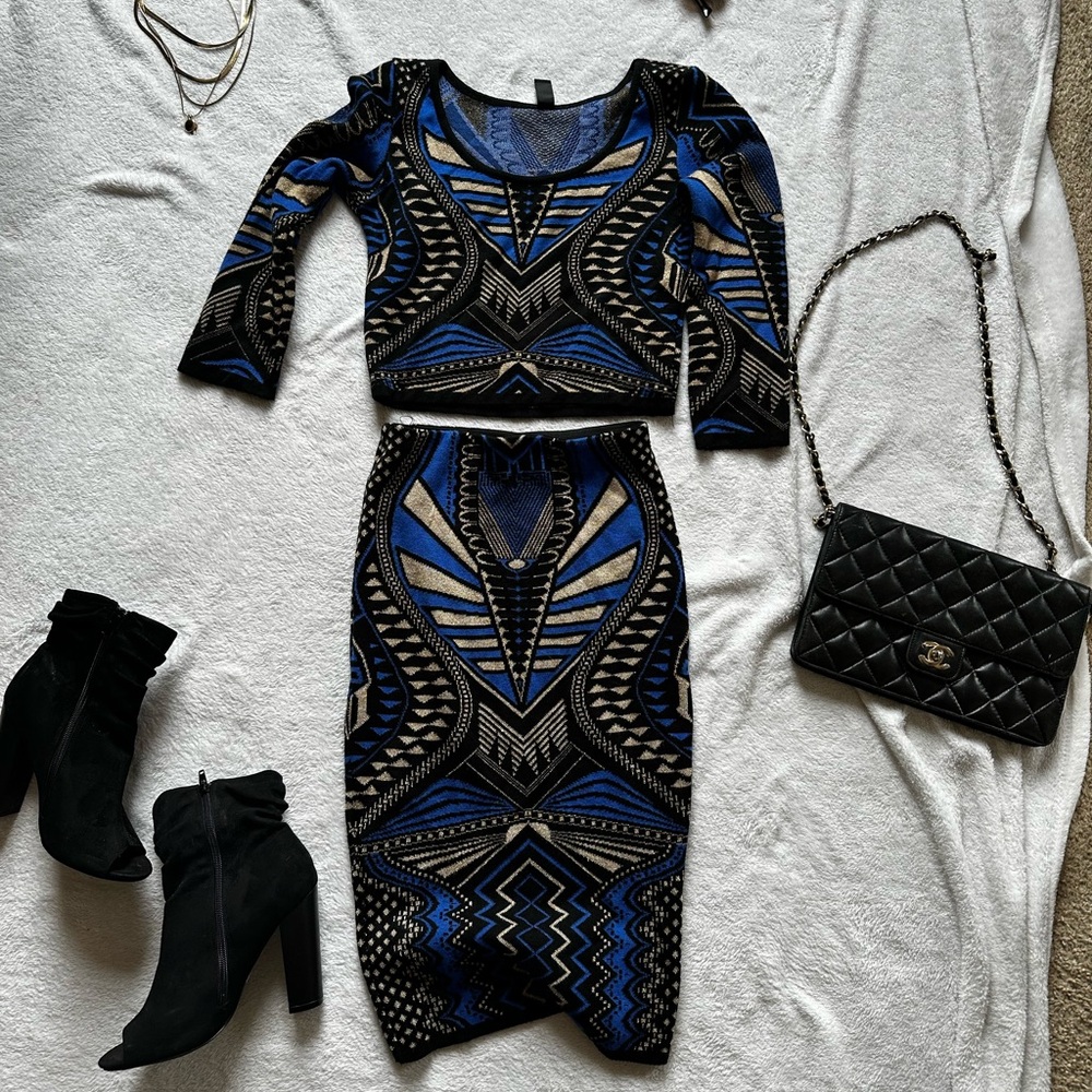 Windsor Black, Blue & Cream Geometric Pencil Skirt